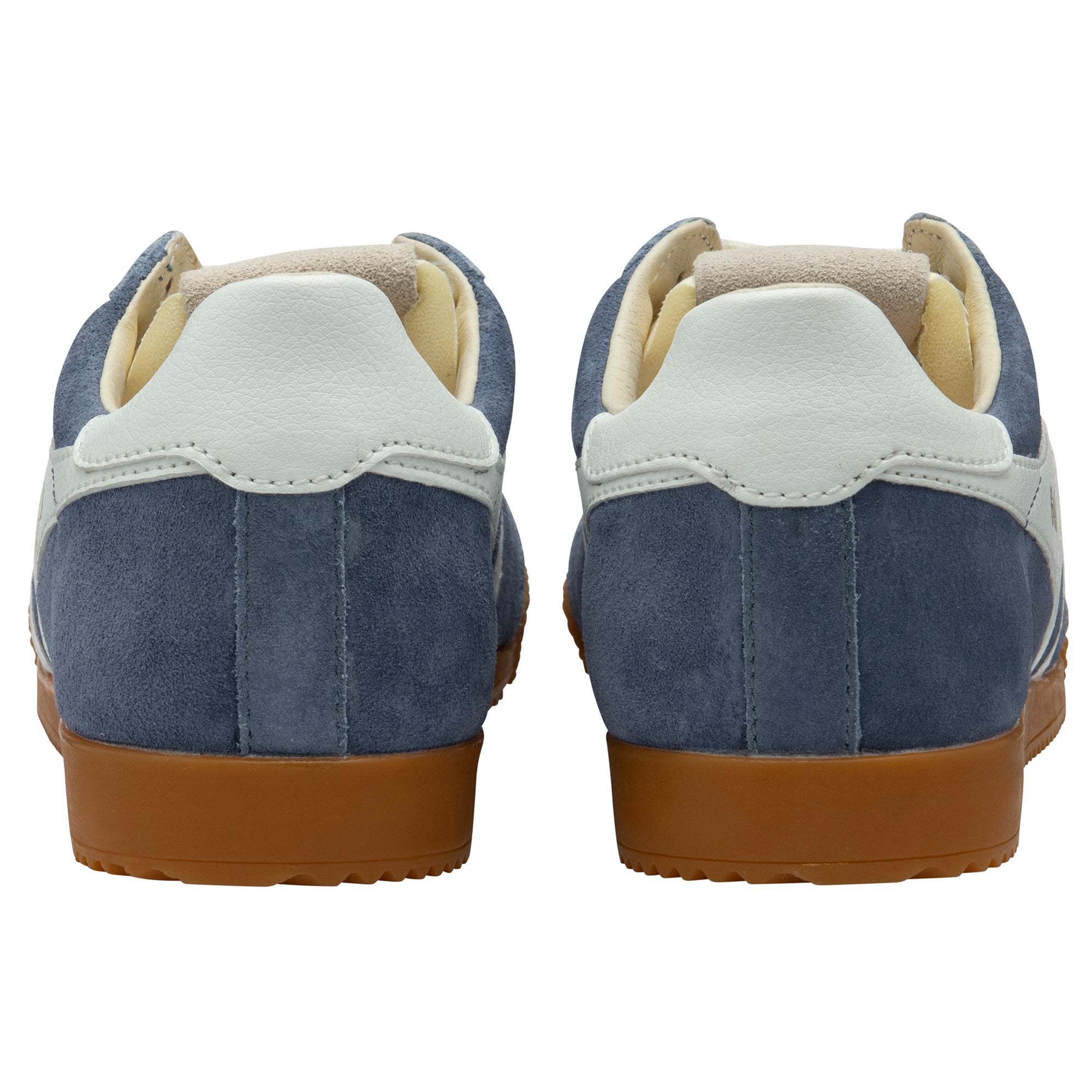 Pair of blue trainers with white accents and brown soles on a white background