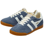 Pair of blue trainers with white stripes and brown soles on a white background