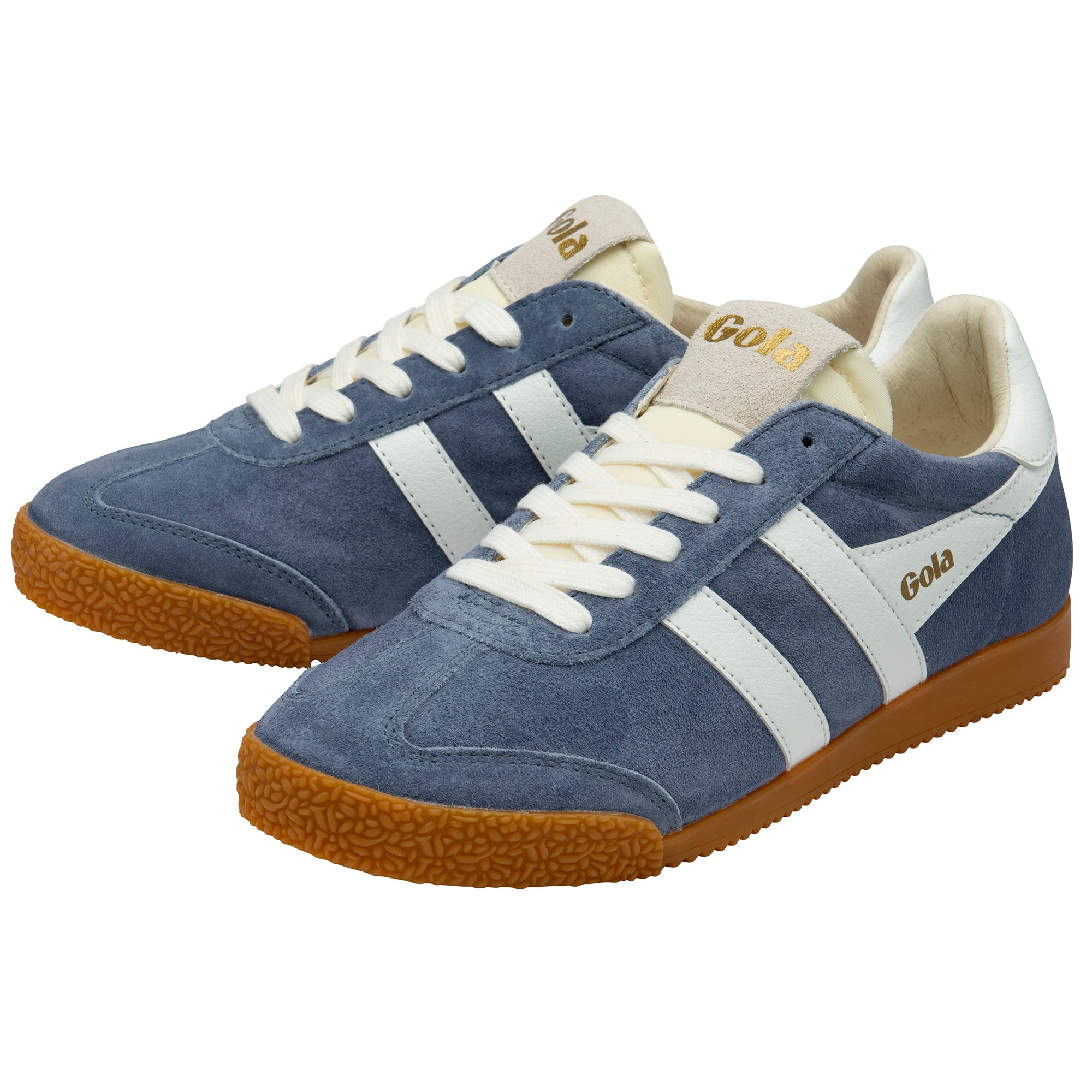 Pair of blue trainers with white stripes and brown soles on a white background
