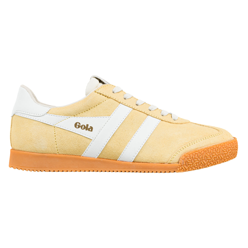 Yellow suede Gola trainer with white side stripes and a gum rubber sole