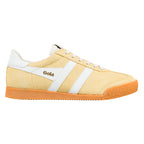 Yellow suede Gola trainer with white side stripes and a gum rubber sole