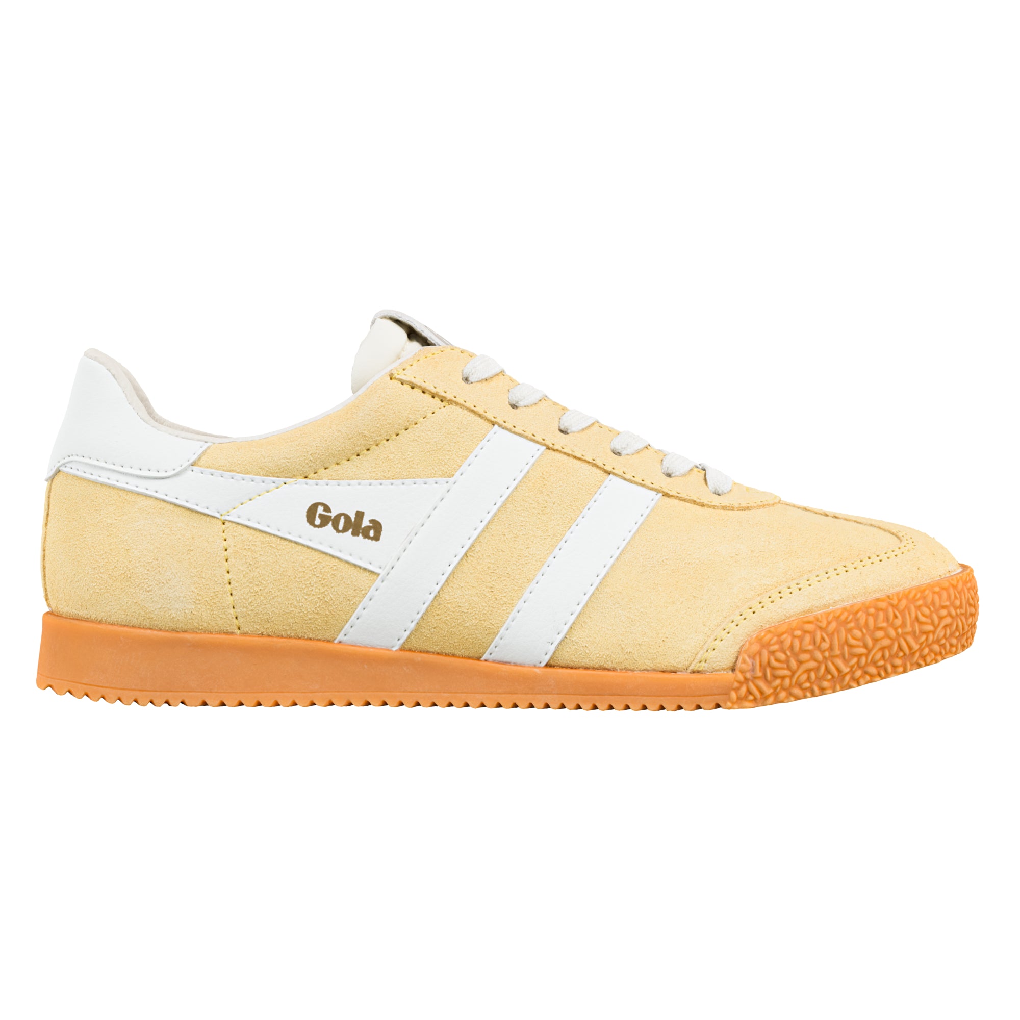 Yellow suede Gola trainer with white side stripes and a gum rubber sole