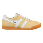 Gola Classics yellow suede trainer with white side stripes and gum sole
