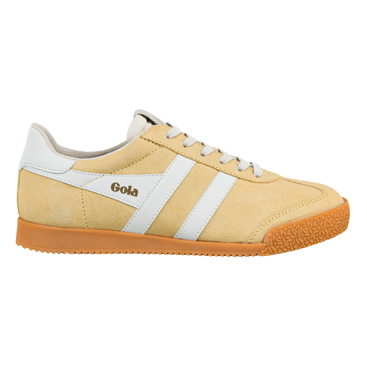 Gola Classics yellow suede trainer with white side stripes and gum sole