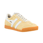Gola Classics yellow suede trainer with white side stripes and gum sole