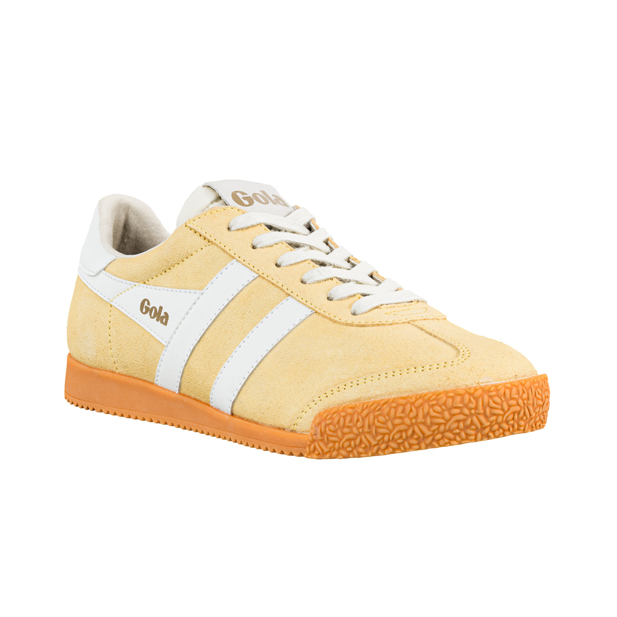 Gola Classics yellow suede trainer with white side stripes and gum sole