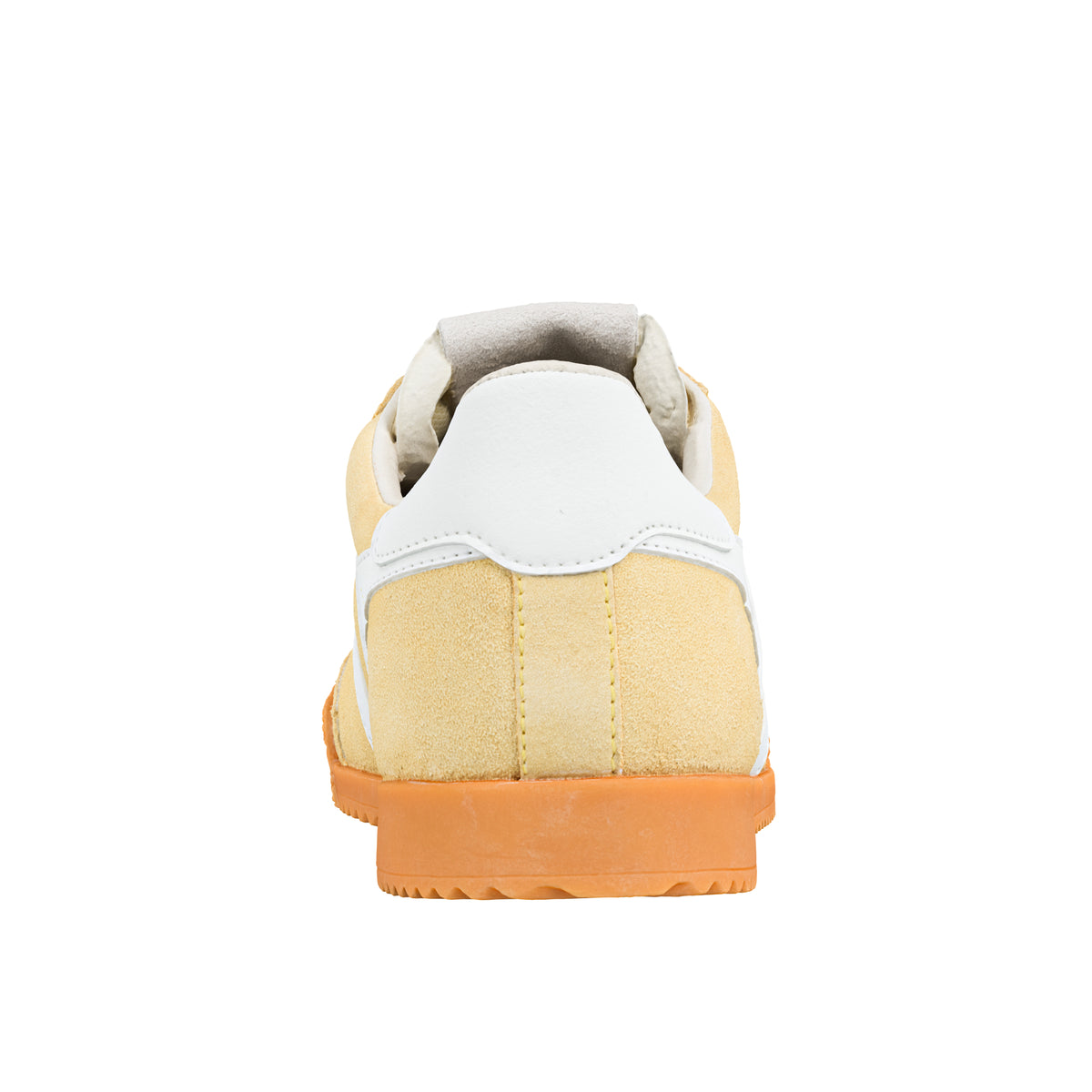 Rear view of a yellow suede Gola Classics trainer with a white heel tab and orange rubber sole