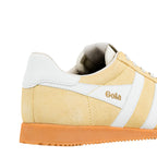 Rear view of a yellow and white Gola Classics trainer with an orange sole