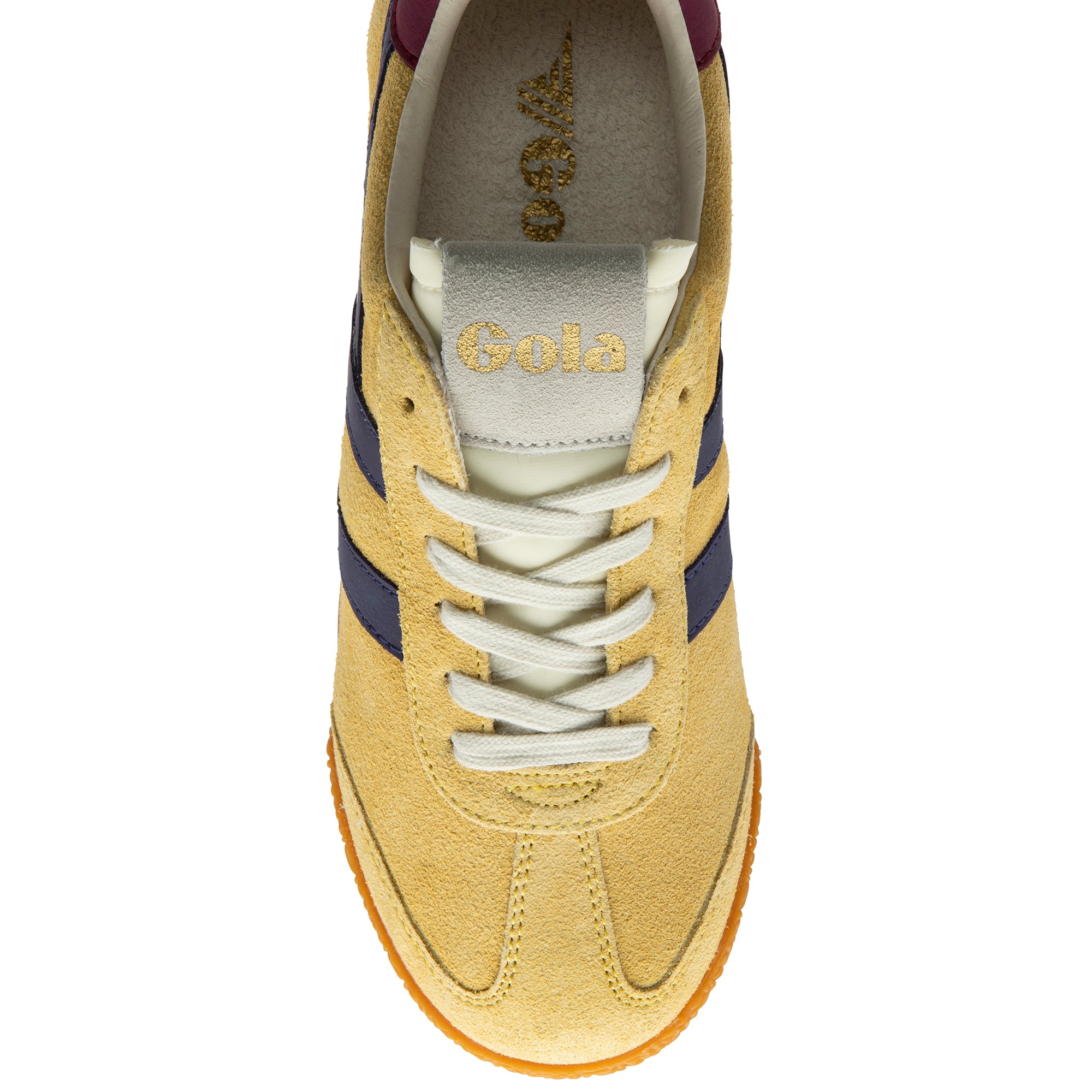 Yellow trainer with navy stripes and white laces on a white background