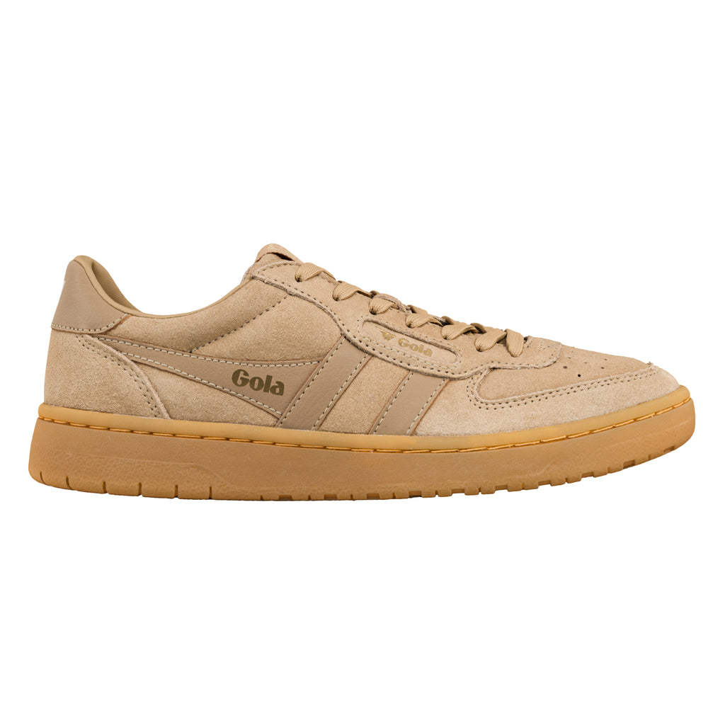 Beige suede Gola trainer with a gum rubber sole