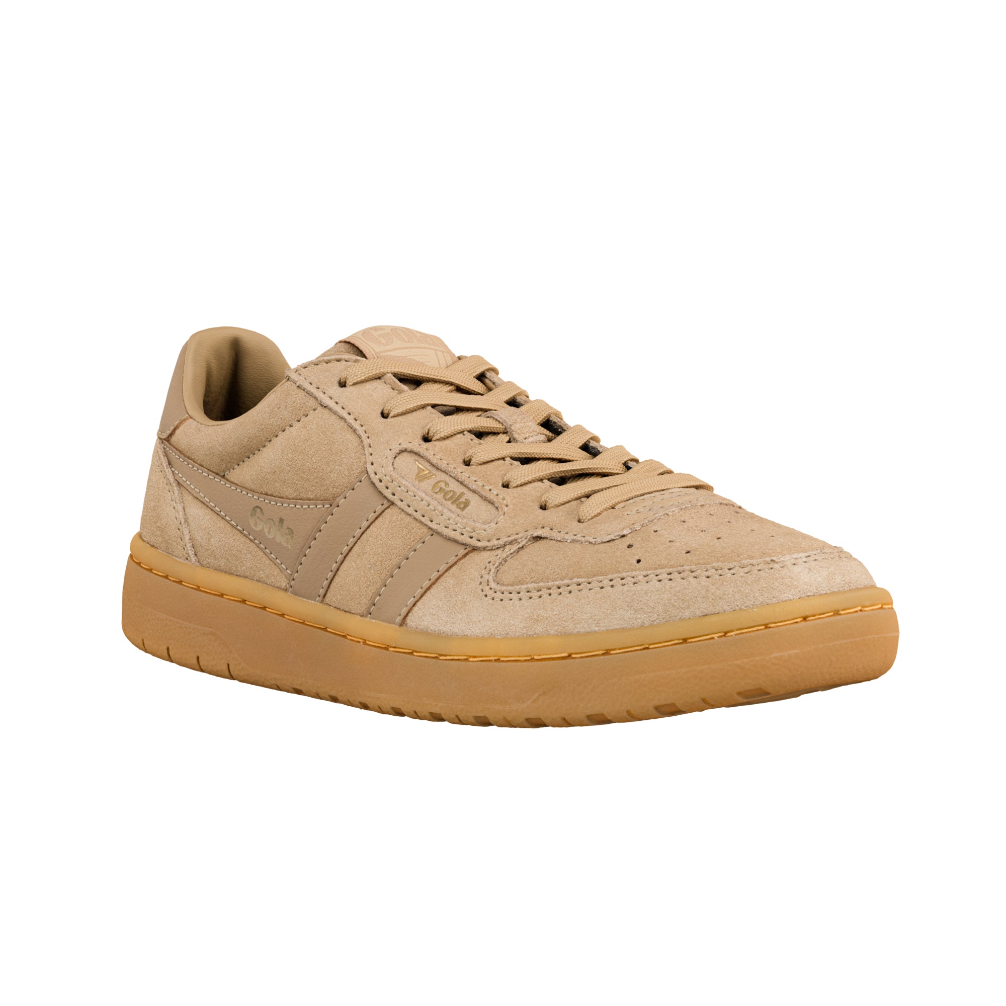 Beige suede Gola trainer with a gum rubber sole