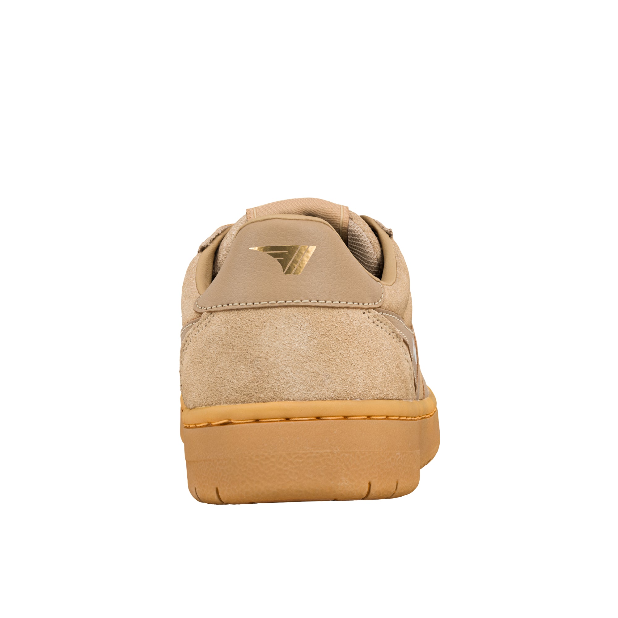 Rear view of a beige suede trainer with a gum sole and gold logo on the heel tab