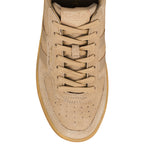 Top view of a beige suede Gola trainer with matching laces and a gum sole