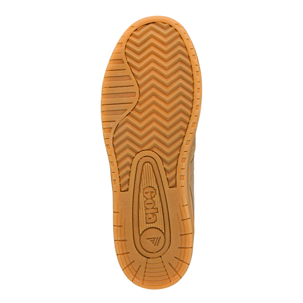 Tan rubber trainer sole with chevron tread pattern and Gola branding