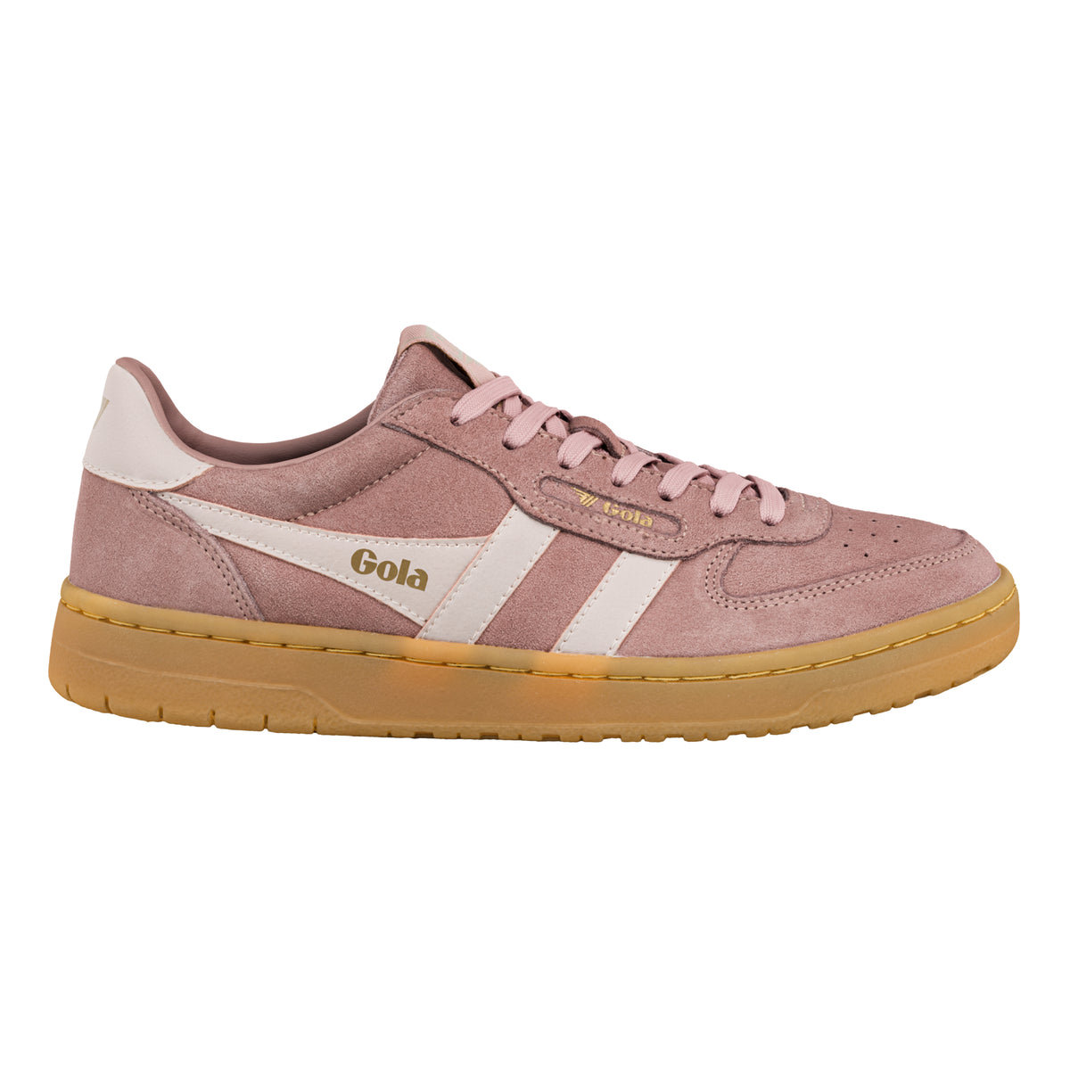 Gola Classics dusty pink suede trainer with cream side stripes and gum rubber sole