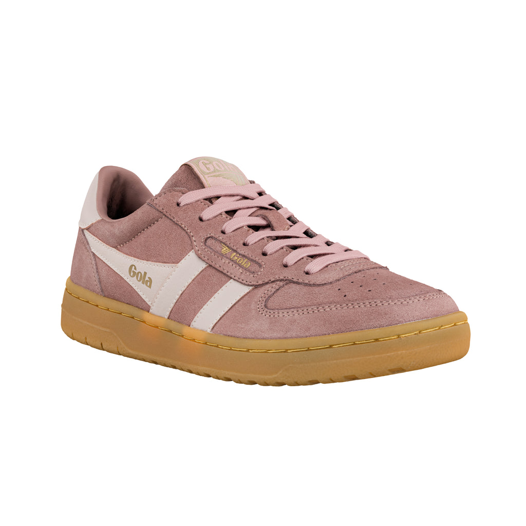 Dusty pink suede Gola trainer with cream side stripes and a gum rubber sole