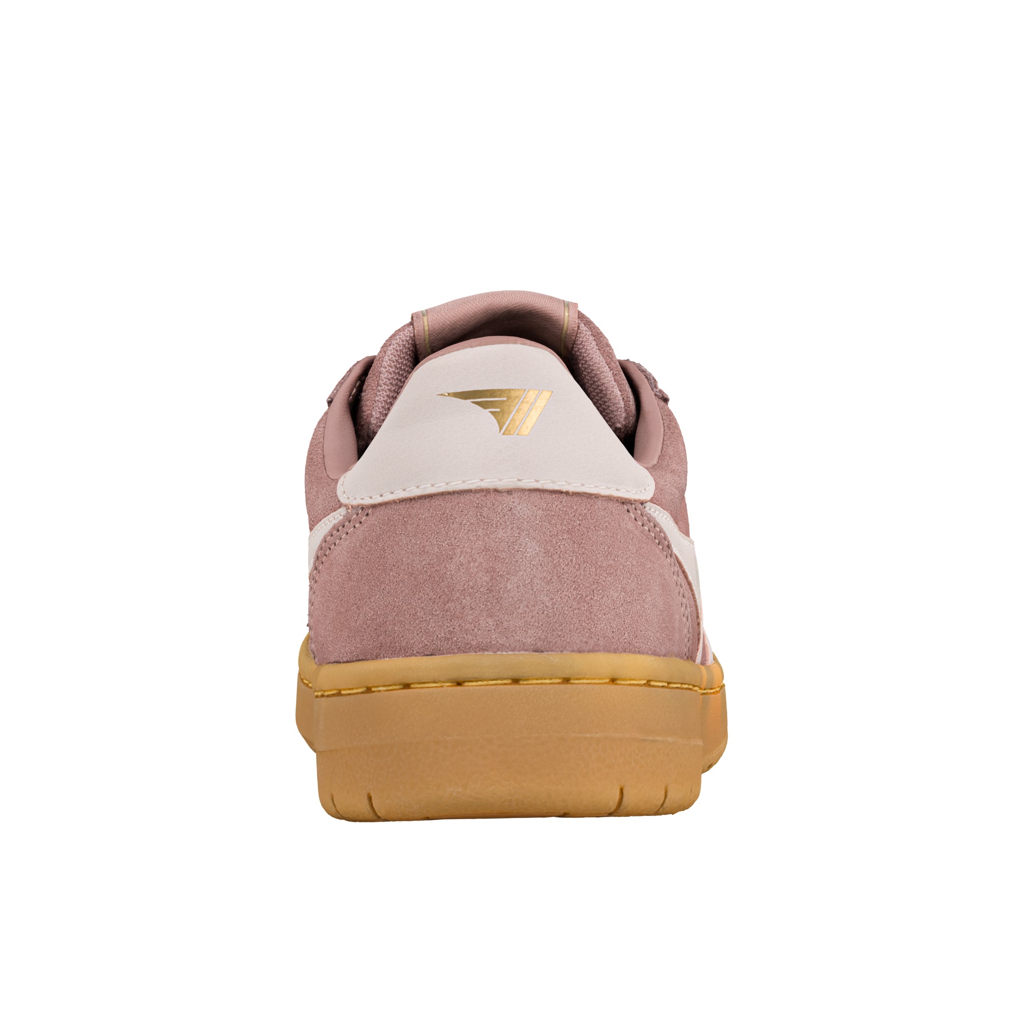Rear view of a dusty pink suede trainer with a gum rubber sole and gold logo on the heel tab