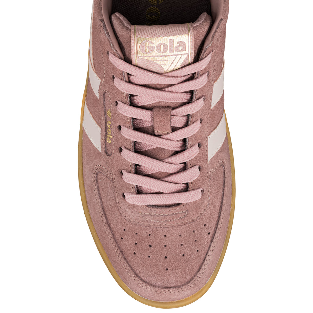 Top view of a dusty pink suede Gola trainer with a gum sole and matching laces