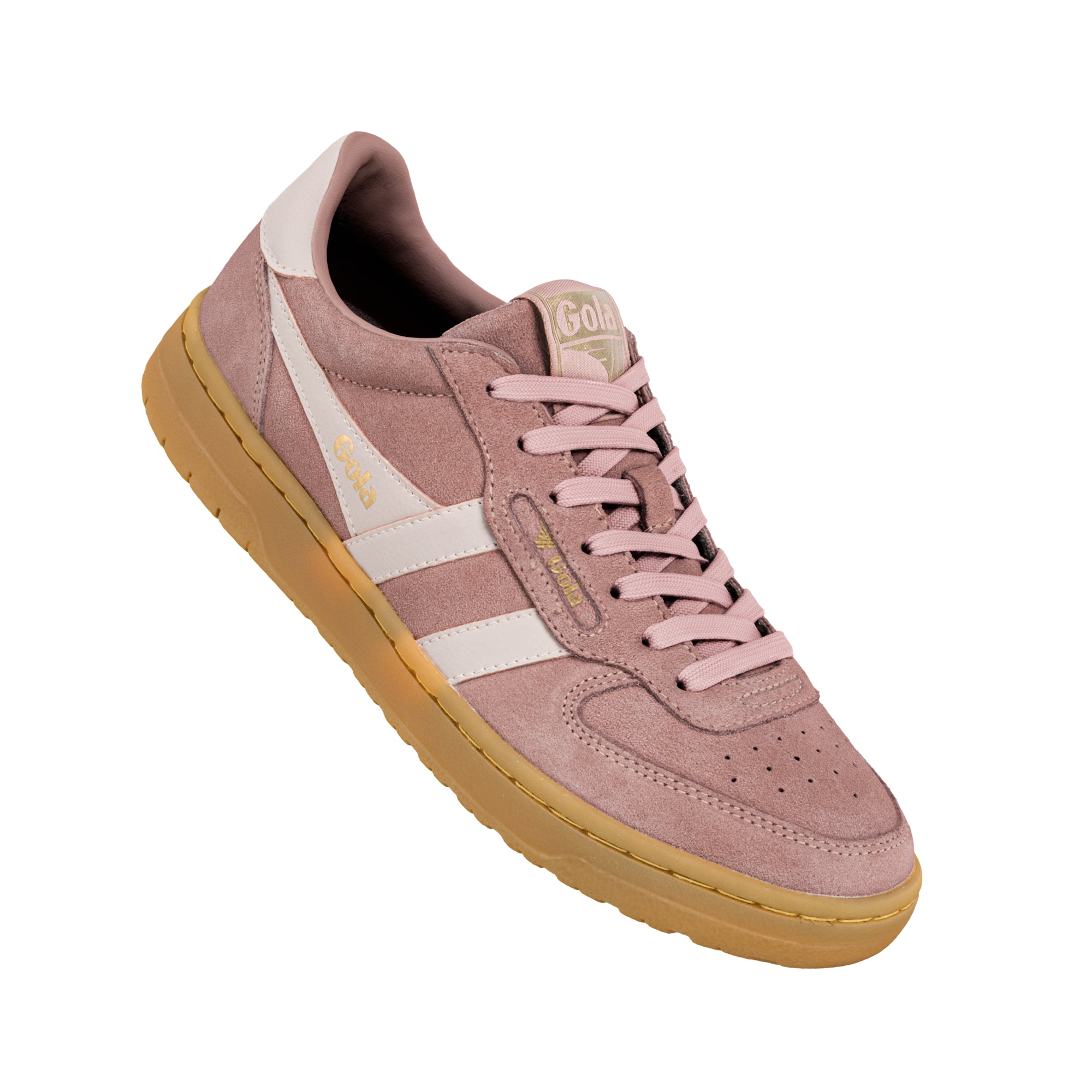 Dusty pink suede Gola trainer with cream side stripes and a gum rubber sole