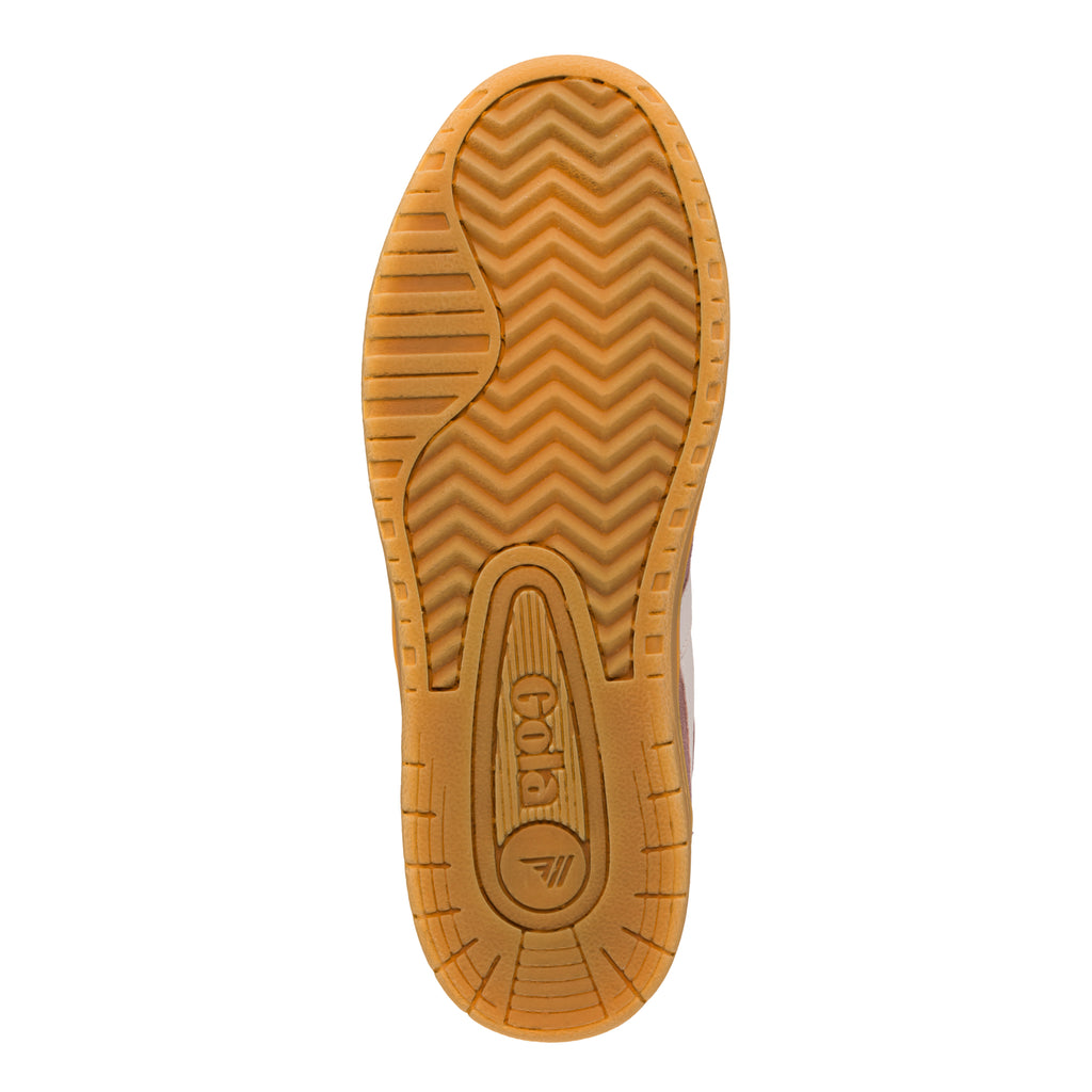 Gum rubber trainer sole with chevron tread pattern and Gola logo