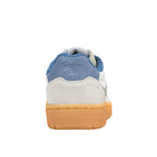 Rear view of a white and blue trainer with a gum sole