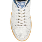 Close up of the front of a white Gola trainer with blue trim and white laces