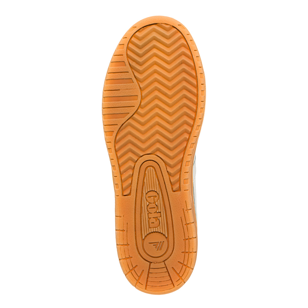 Underside of a Gola trainer with a tan sole and a chevron pattern