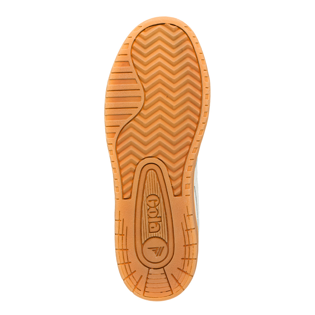 Underside of a Gola trainer with a tan sole and a zig-zag pattern