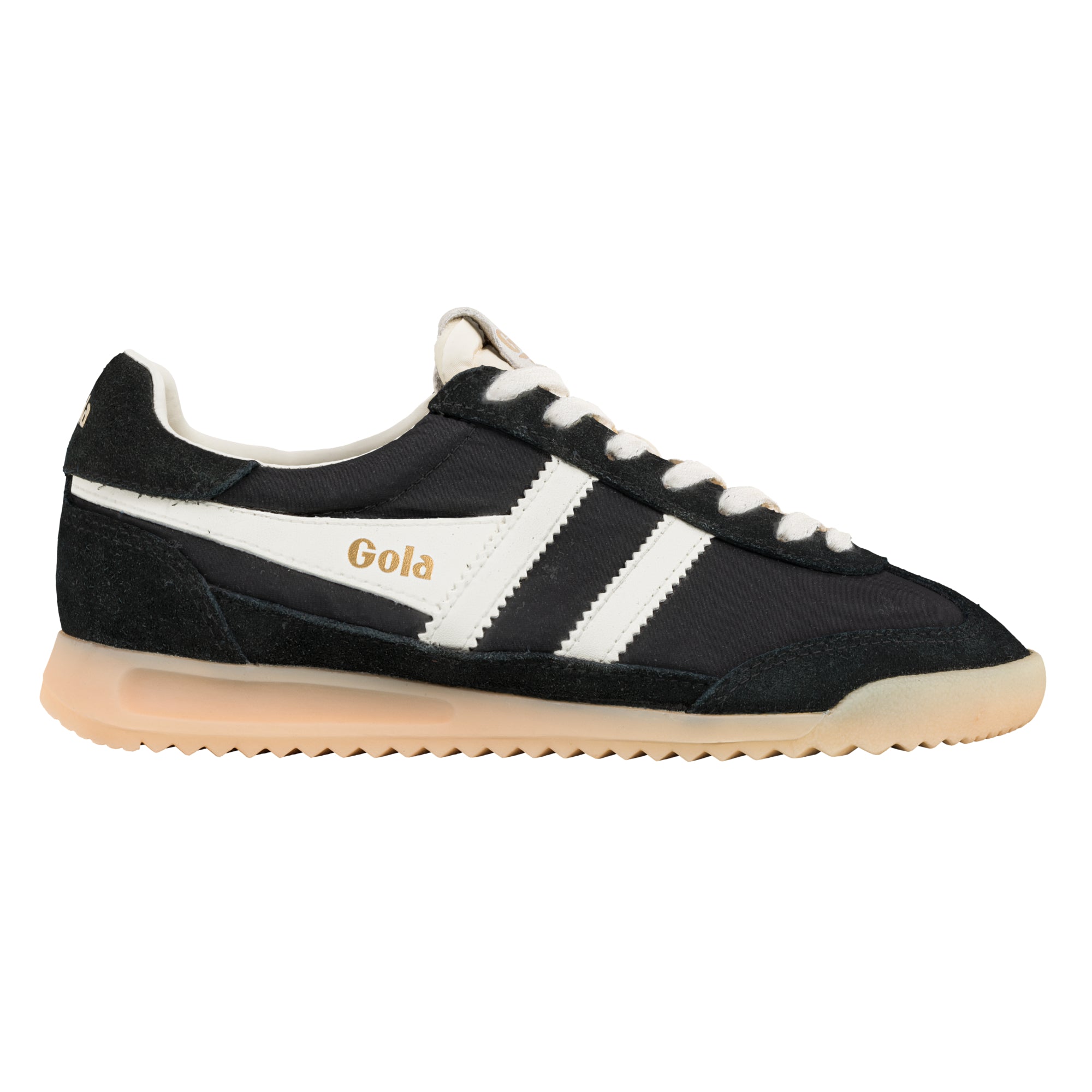 Black Gola trainer with white stripes and laces, and a light brown sole