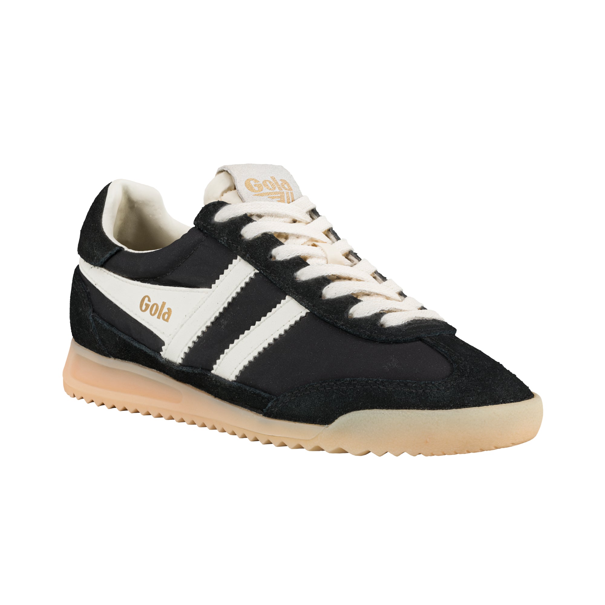 Black and white Gola trainer with a beige sole and laces
