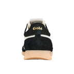 Rear view of a black Gola trainer with a white stripe and a light brown sole