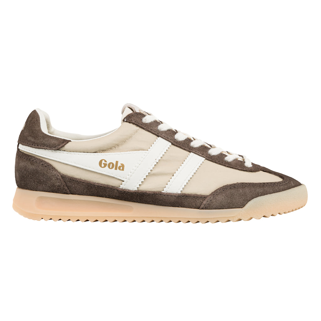 Gola Harrier trainer in off-white and brown suede with white laces and sole