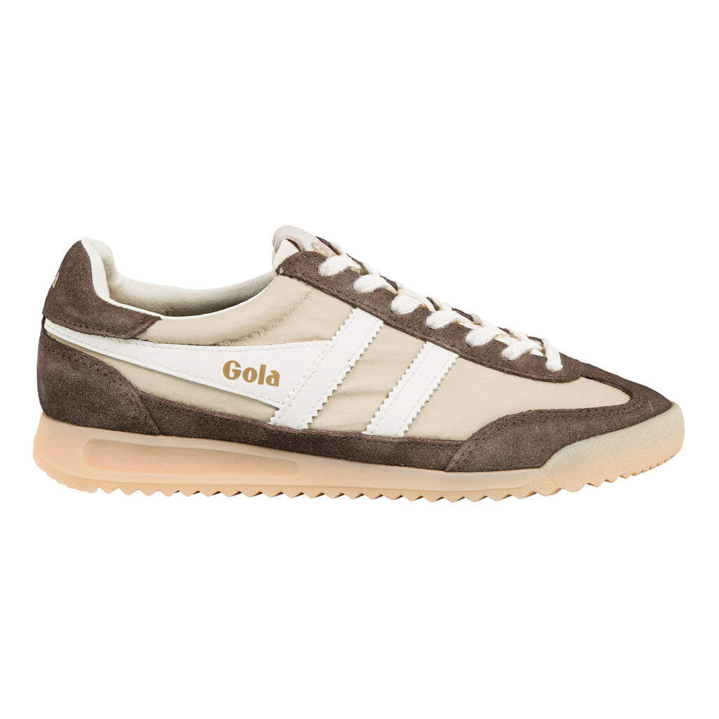 Gola Classics beige and brown suede trainer with white side stripes and gum sole