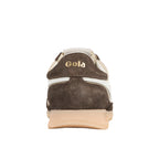 Rear view of a Gola trainer in brown suede with white and beige accents