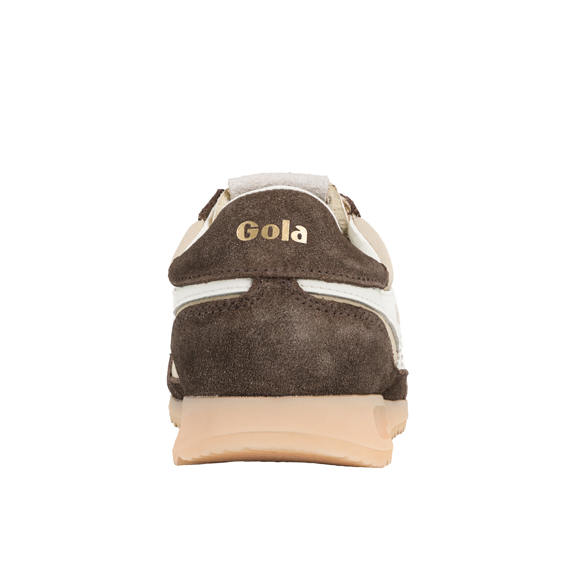 Rear view of a Gola trainer in brown suede with white and beige accents