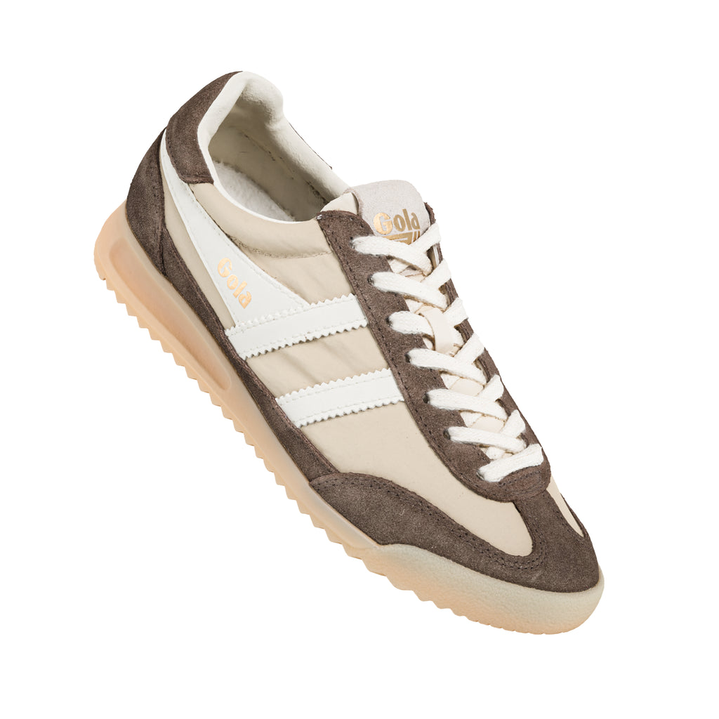 Gola men's trainer in dark brown and beige with white laces and white Gola wingflash