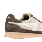 Close-up of the heel of a Gola trainer in brown and beige with a cream sole