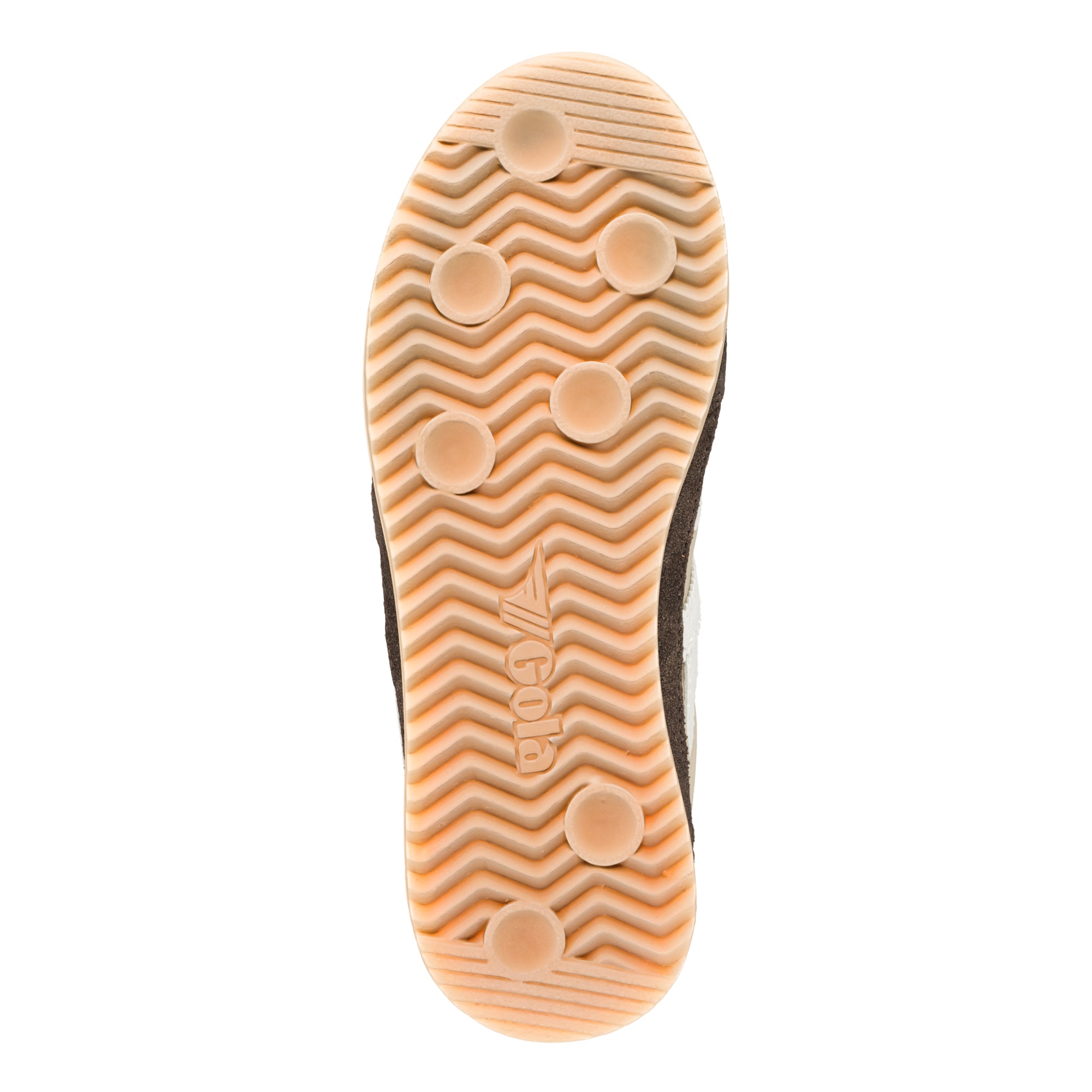 Underside of a Gola trainer, showing the beige sole with a wavy pattern and circular grips