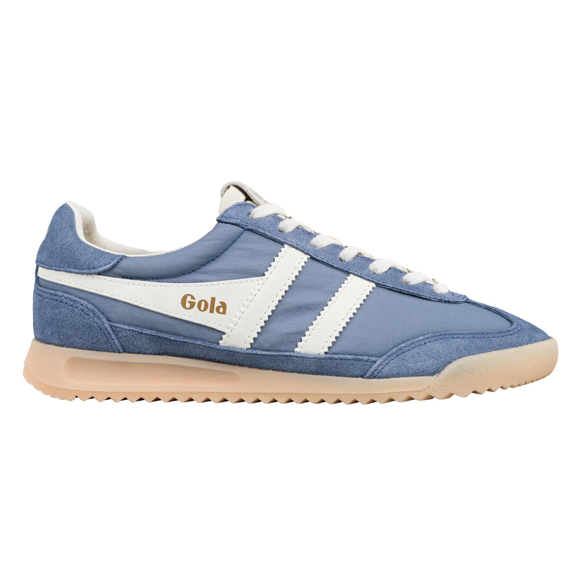 Gola men's trainer in blue with white stripes and a beige sole