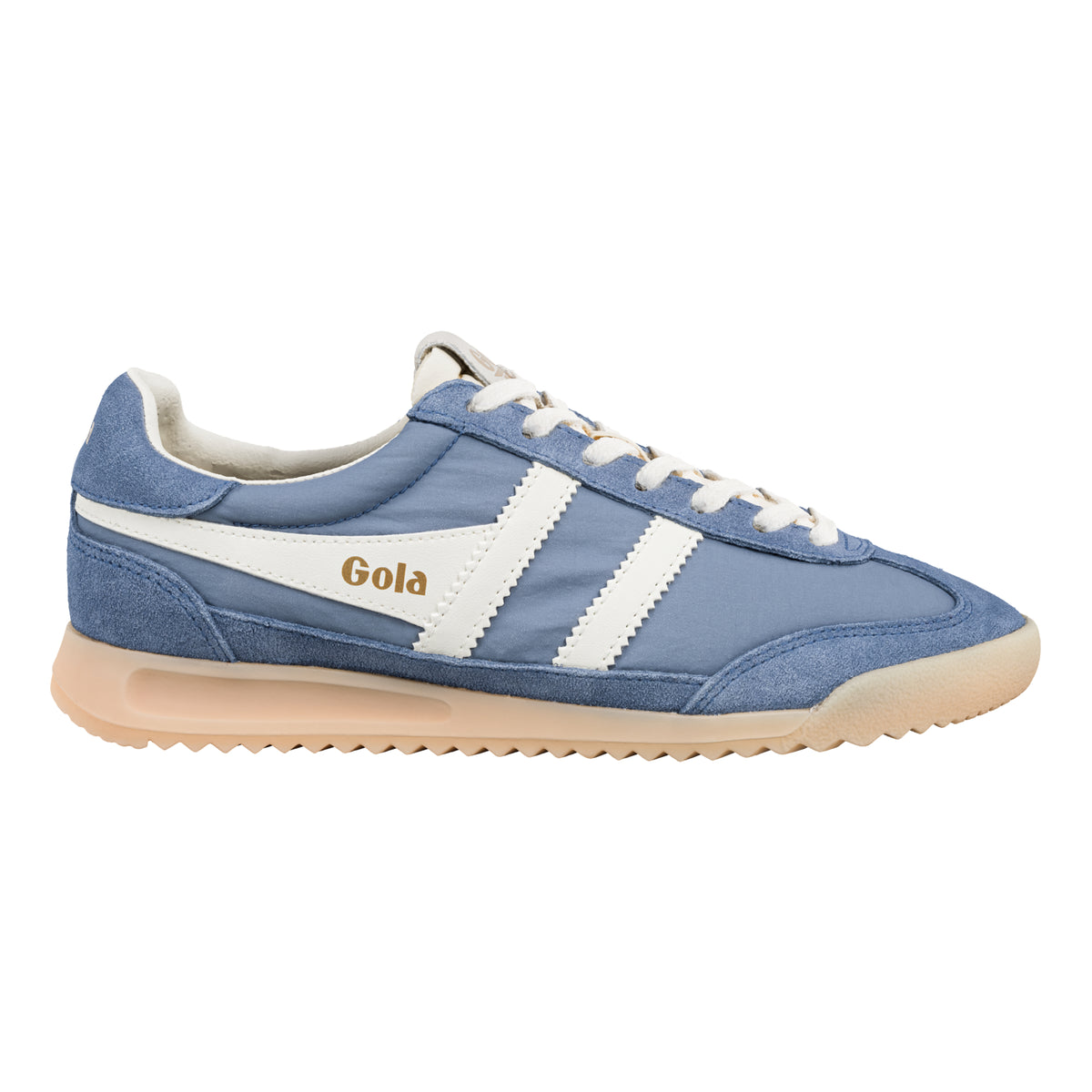 Gola Classics blue nylon and suede trainer with white side stripes and gum sole