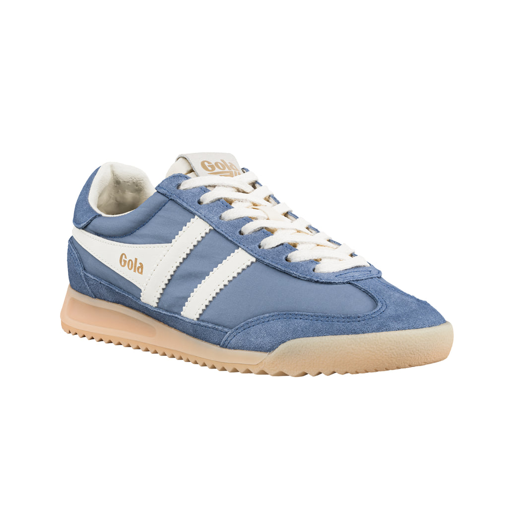 Gola Harrier trainer in blue with white stripes and cream laces