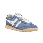 Gola Harrier trainer in blue with white stripes and cream laces