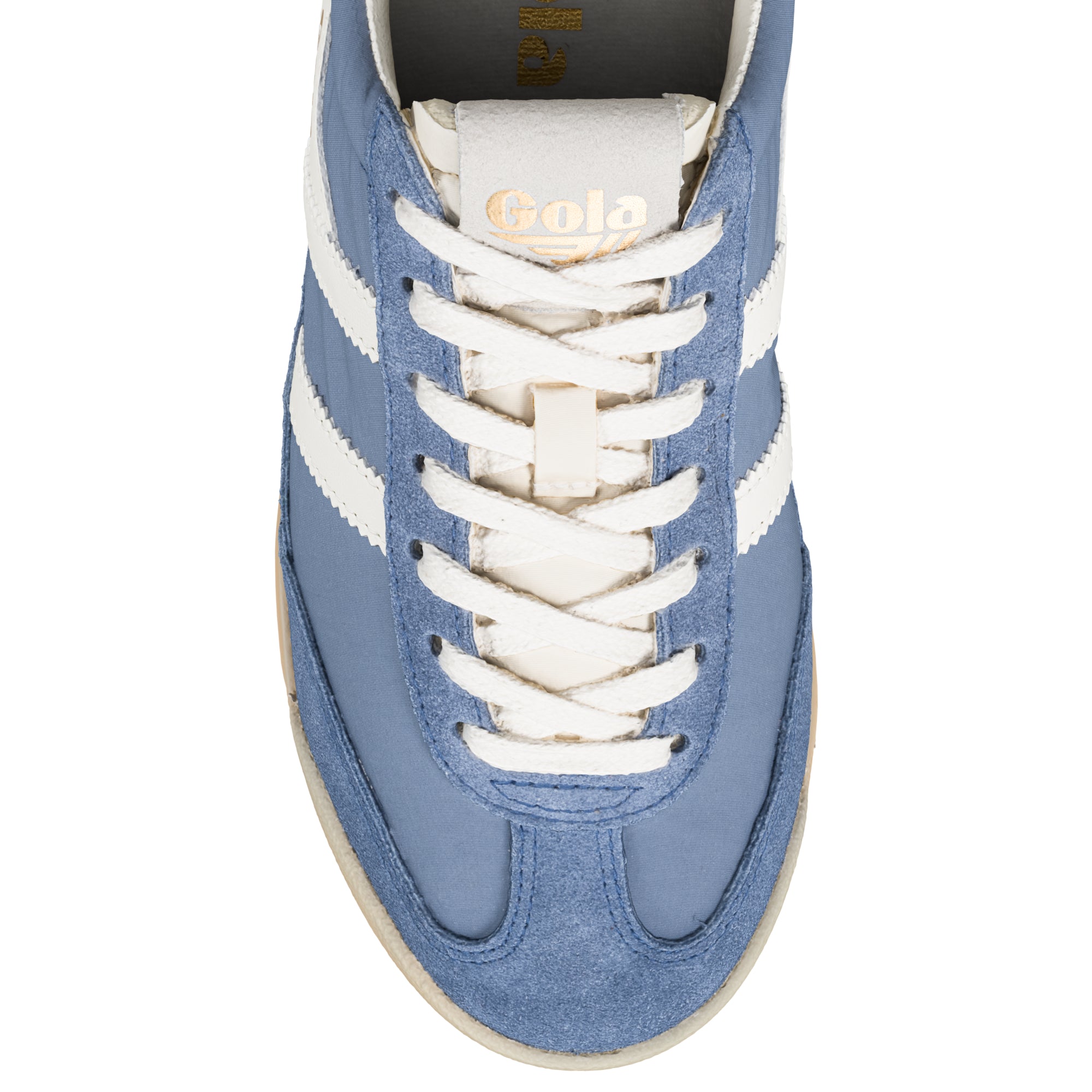 Close up of a Gola trainer in blue with white stripes and laces