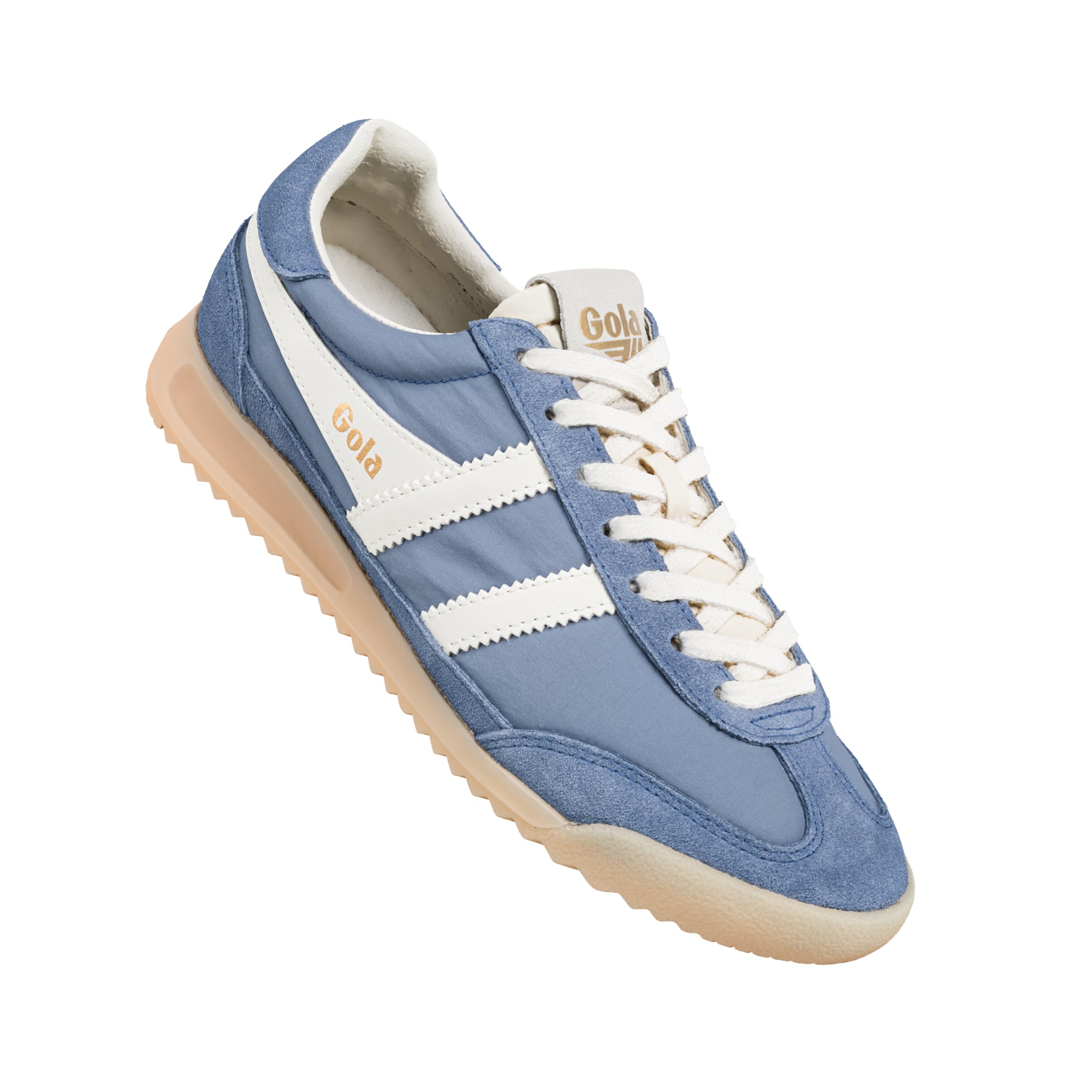 Gola men's trainer in blue with white stripes and cream laces
