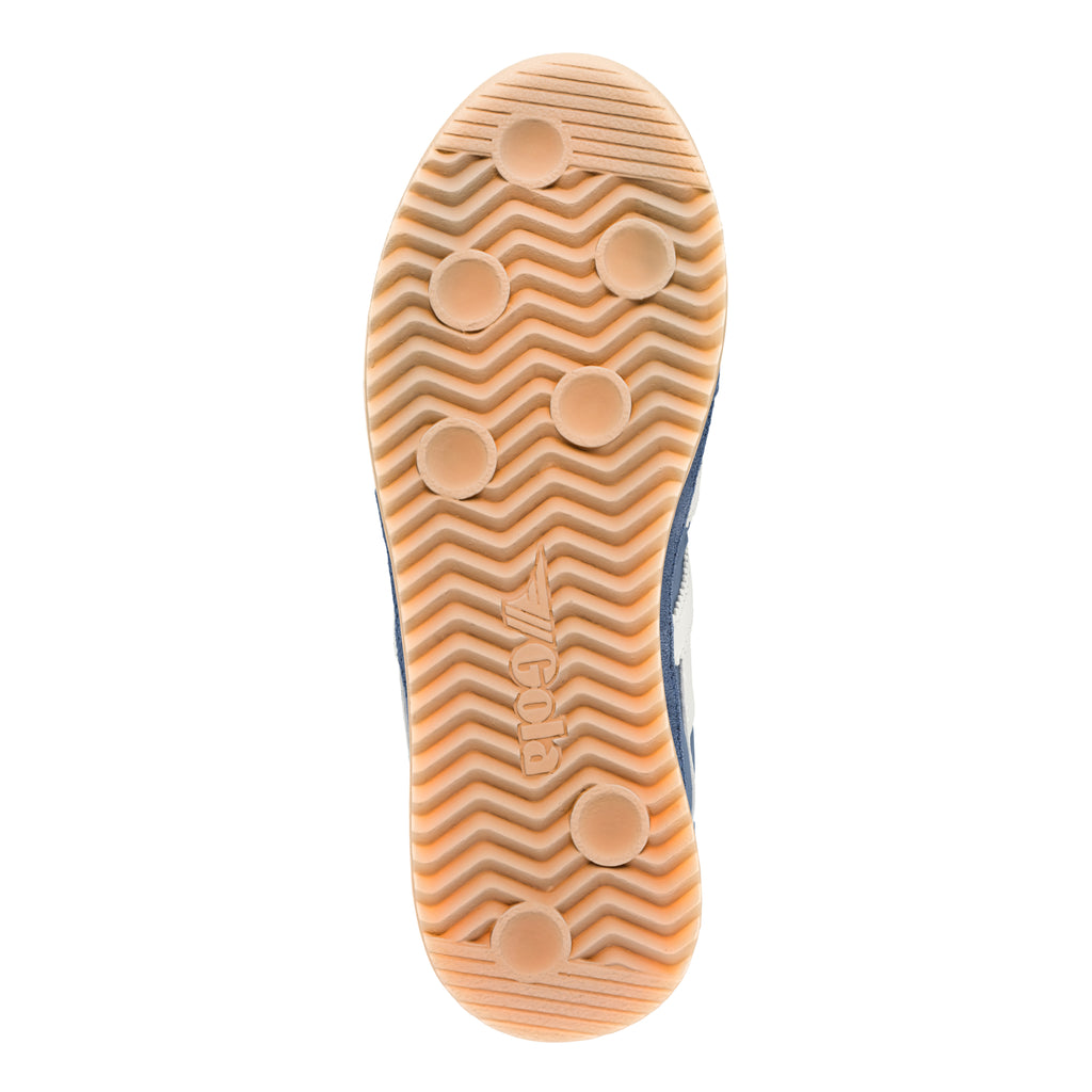 Underside of a navy blue trainer with a tan sole and Gola branding