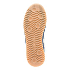 Underside of a navy blue trainer with a tan sole and Gola branding