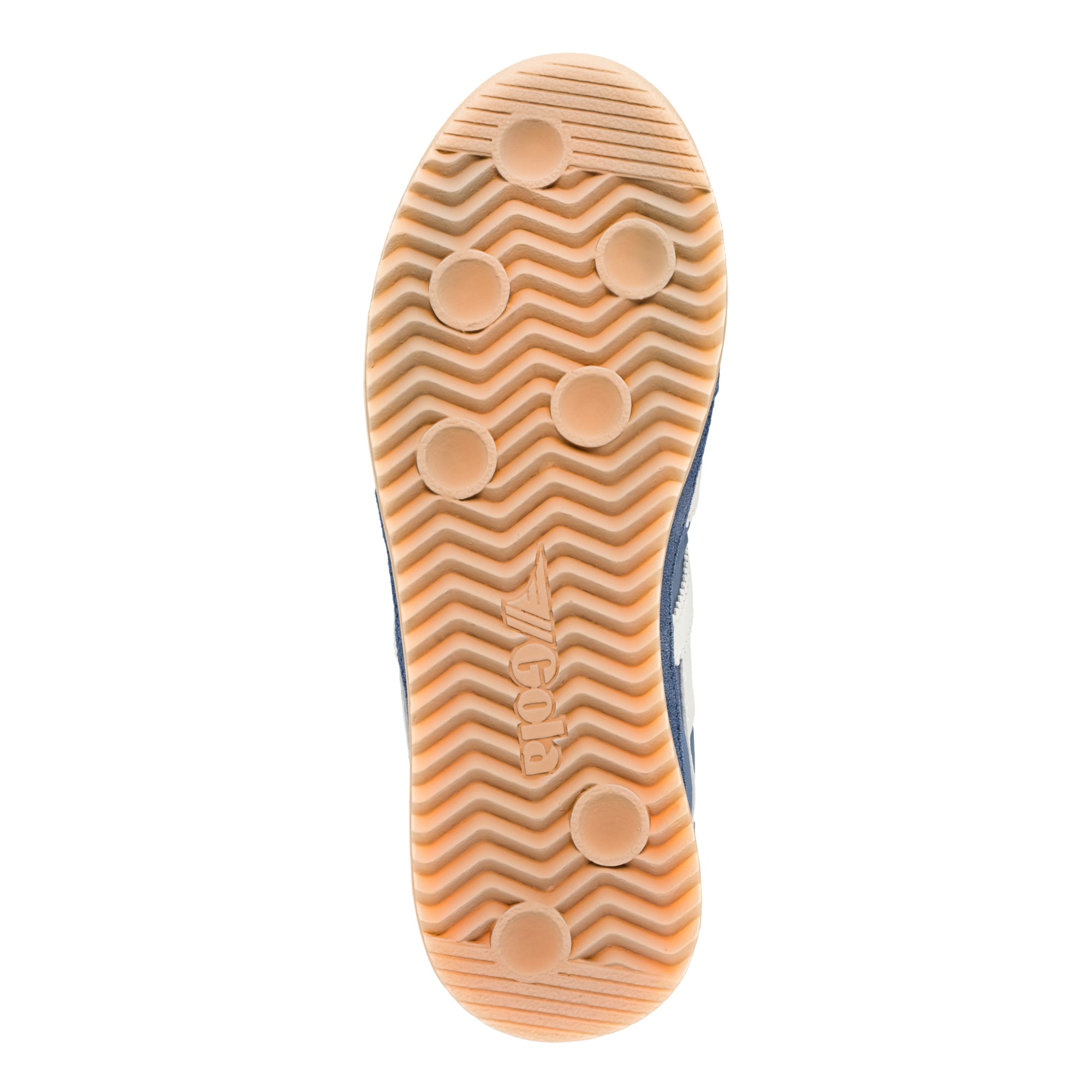 Underside of a navy blue trainer with a tan sole and Gola branding
