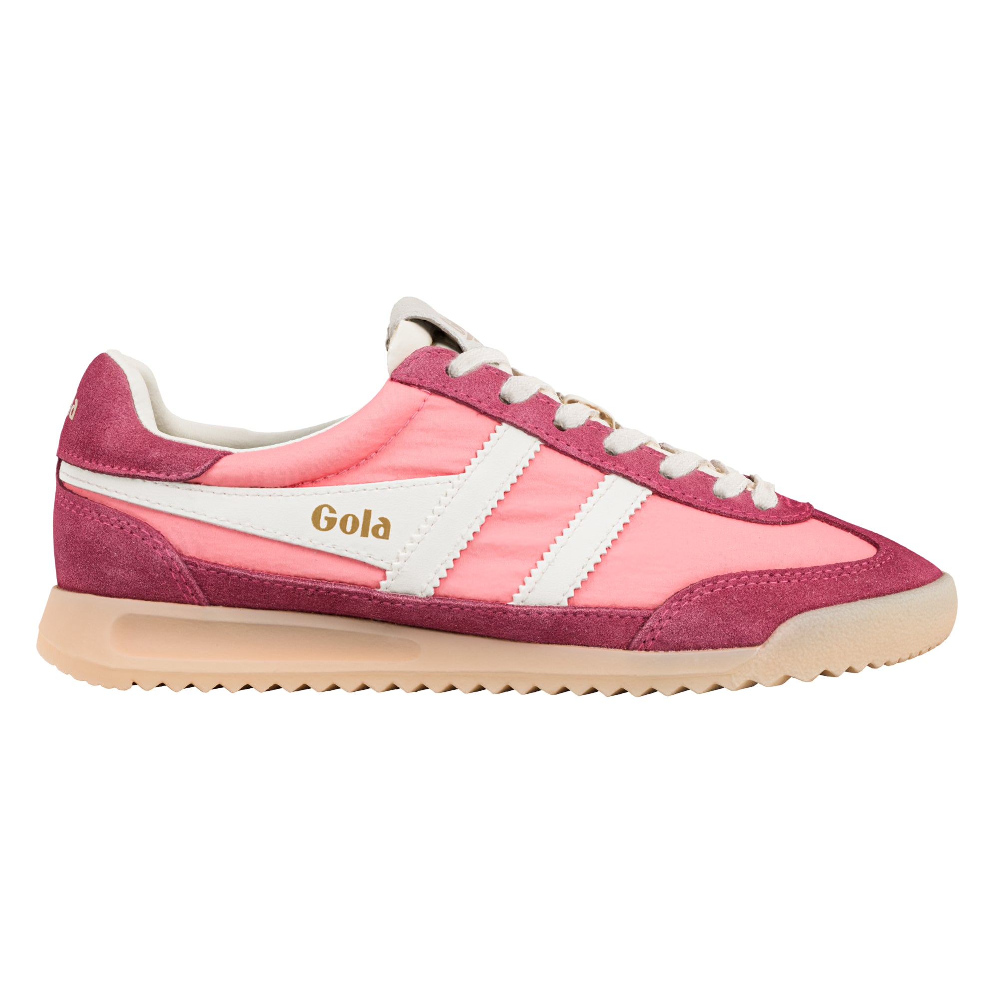Gola Orchid Platform trainers in pink and burgundy with white stripes and laces