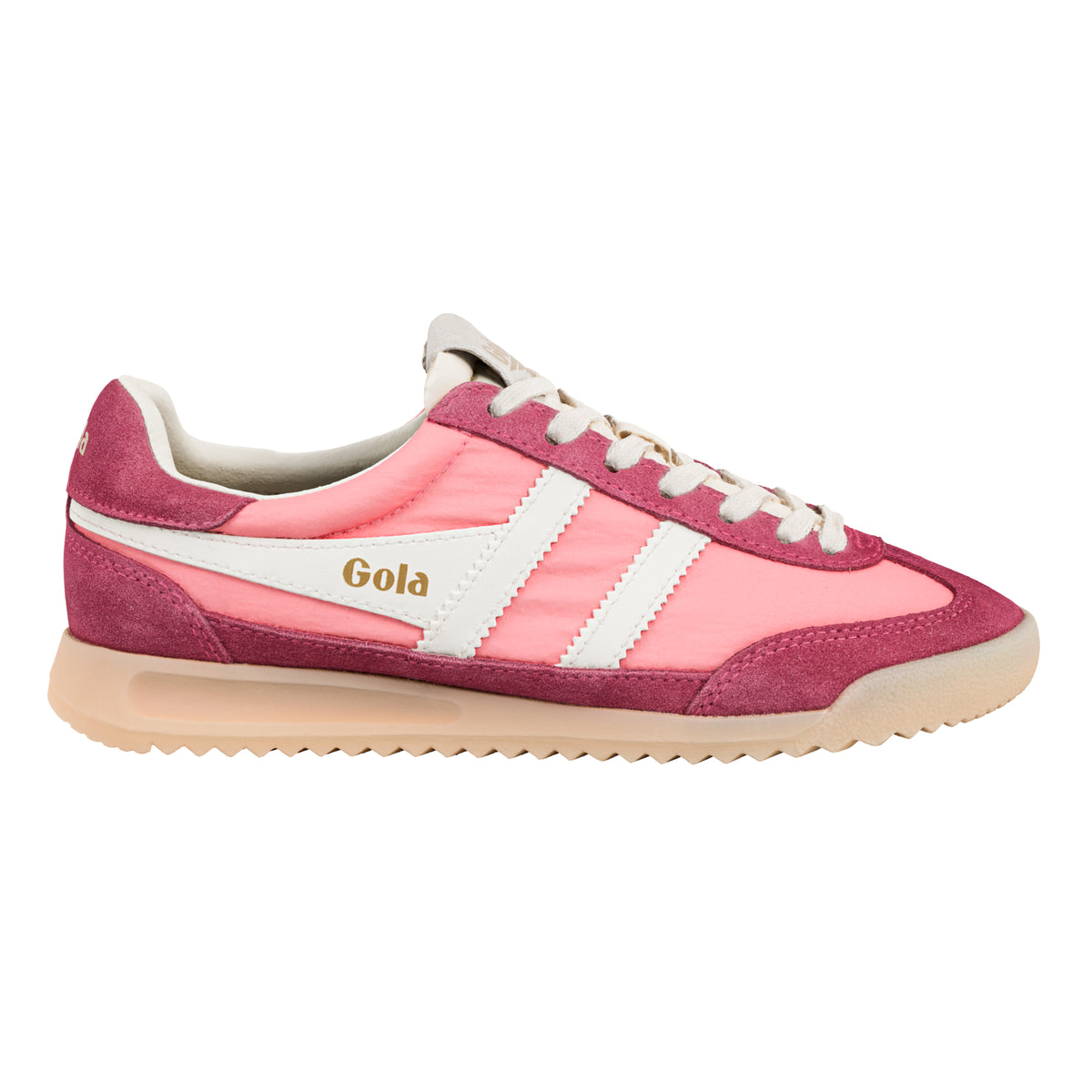 Gola Classics pink and burgundy suede and nylon trainer with white side stripes and gum sole
