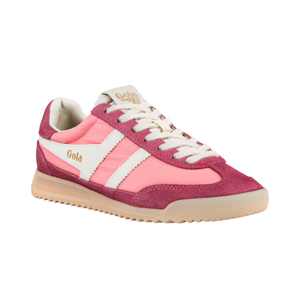 Gola women's trainer in pink and burgundy with white stripes and cream laces